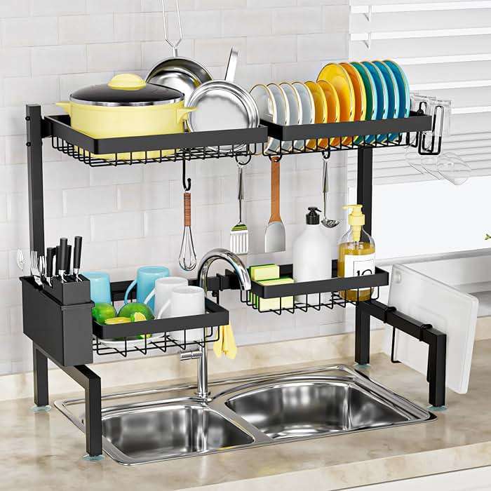 SNSLXH 4 Baskets 2-Tier Over The Sink Dish Drying Rack, 26.57"-35", Large Sink Rack for Kitchen, Extensible and Adjustable, Saving Kitchen Space - Image 1
