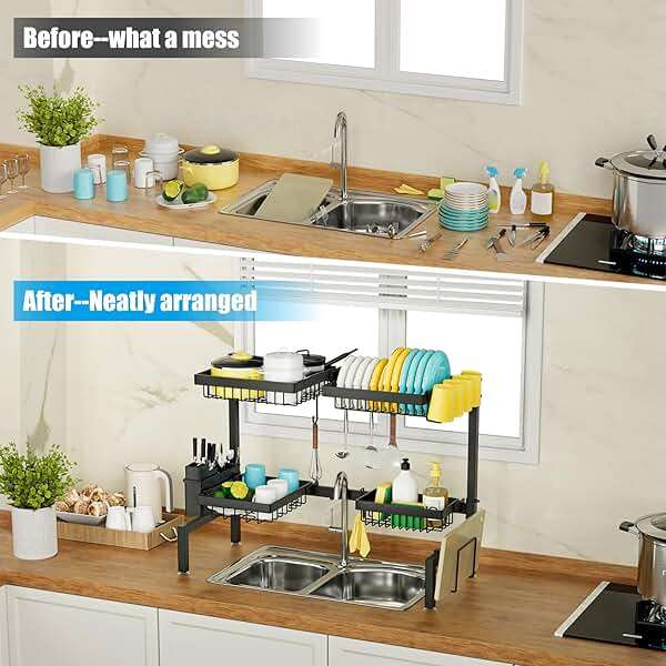 SNSLXH 4 Baskets 2-Tier Over The Sink Dish Drying Rack, 26.57"-35", Large Sink Rack for Kitchen, Extensible and Adjustable, Saving Kitchen Space - Image 3