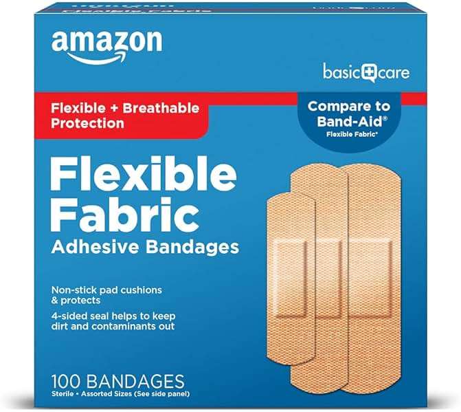 Amazon Basic Care Flexible Fabric Adhesive Bandages, First Aid for Wounds and Scrapes, Breathable First Aid Wound Care Supplies, Assorted Sizes, 100 Count - Image 1
