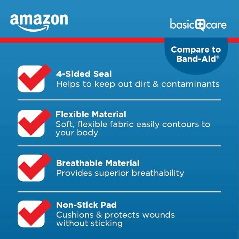 Amazon Basic Care Flexible Fabric Adhesive Bandages, First Aid for Wounds and Scrapes, Breathable First Aid Wound Care Supplies, Assorted Sizes, 100 Count - Image 5