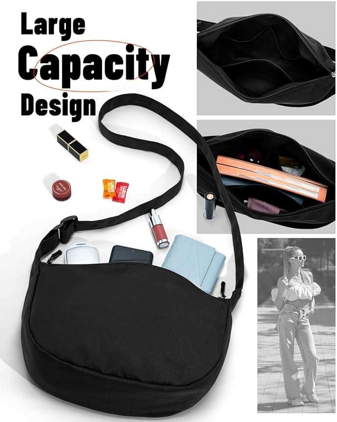 Crossbody Crescent Bag for Women Men Trendy, Crescent Sling Bag with Adjustable Strap, 2 Zippers Lightweight - Image 5