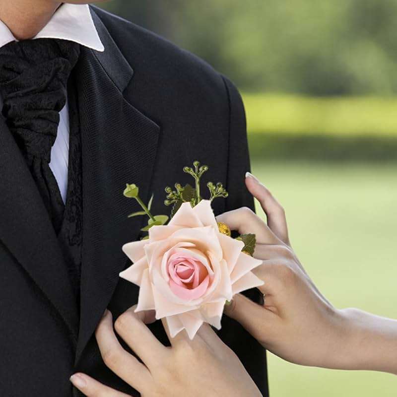 VIOCIWUO Artificial Rose Boutonniere, Corsage and Boutonniere Set Pink Rose Wrist Corsage Bracelets for Bride and Groom Formal Parties and Weddings (1Pc Bride Wrist Flower and 1Pc Groom Corsage) - Image 2