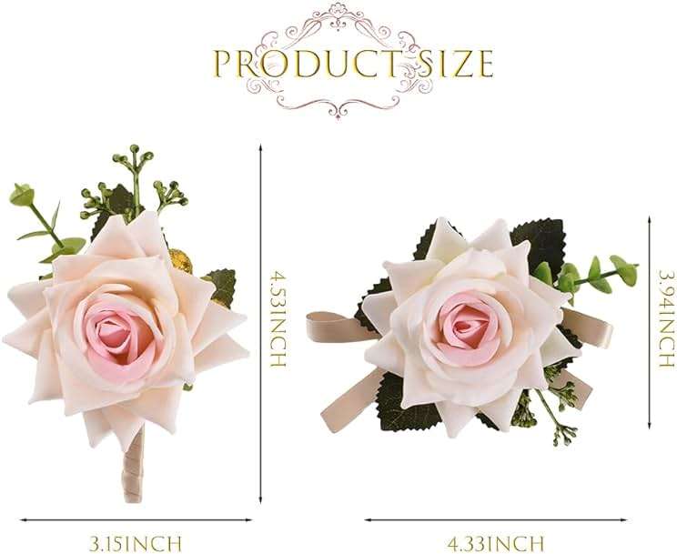 VIOCIWUO Artificial Rose Boutonniere, Corsage and Boutonniere Set Pink Rose Wrist Corsage Bracelets for Bride and Groom Formal Parties and Weddings (1Pc Bride Wrist Flower and 1Pc Groom Corsage) - Image 3