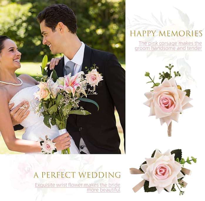 VIOCIWUO Artificial Rose Boutonniere, Corsage and Boutonniere Set Pink Rose Wrist Corsage Bracelets for Bride and Groom Formal Parties and Weddings (1Pc Bride Wrist Flower and 1Pc Groom Corsage) - Image 4