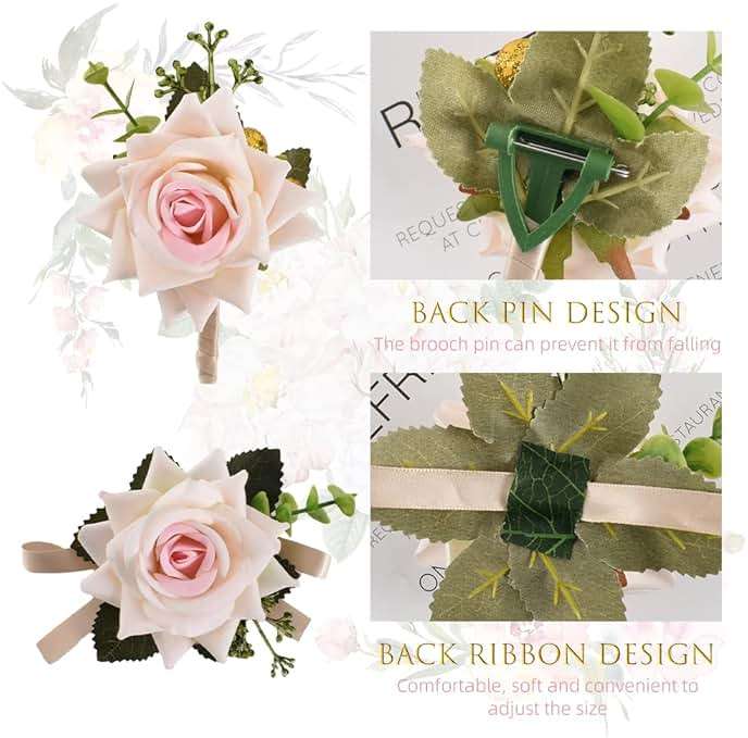 VIOCIWUO Artificial Rose Boutonniere, Corsage and Boutonniere Set Pink Rose Wrist Corsage Bracelets for Bride and Groom Formal Parties and Weddings (1Pc Bride Wrist Flower and 1Pc Groom Corsage) - Image 5