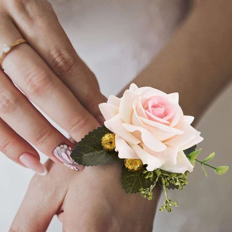 VIOCIWUO Artificial Rose Boutonniere, Corsage and Boutonniere Set Pink Rose Wrist Corsage Bracelets for Bride and Groom Formal Parties and Weddings (1Pc Bride Wrist Flower and 1Pc Groom Corsage) - Image 6