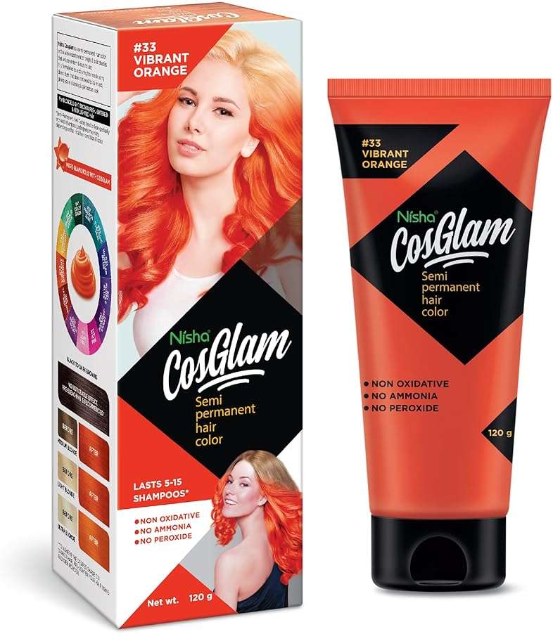 Nisha Cosglam Vegan And Cruelty Free Semi Permanent Hair Color, Orange Hair Dye With Infused Conditioner | No Ammonia, No Peroxide, Non Oxidative Hair Colour - 120g / 4.06 Fl Oz (#33 Vibrant Orange) - Image 1