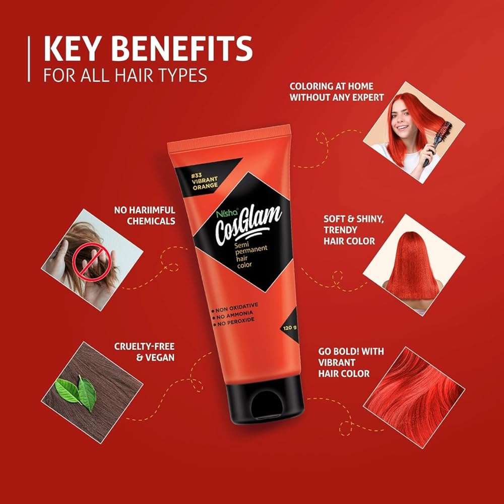 Nisha Cosglam Vegan And Cruelty Free Semi Permanent Hair Color, Orange Hair Dye With Infused Conditioner | No Ammonia, No Peroxide, Non Oxidative Hair Colour - 120g / 4.06 Fl Oz (#33 Vibrant Orange) - Image 4