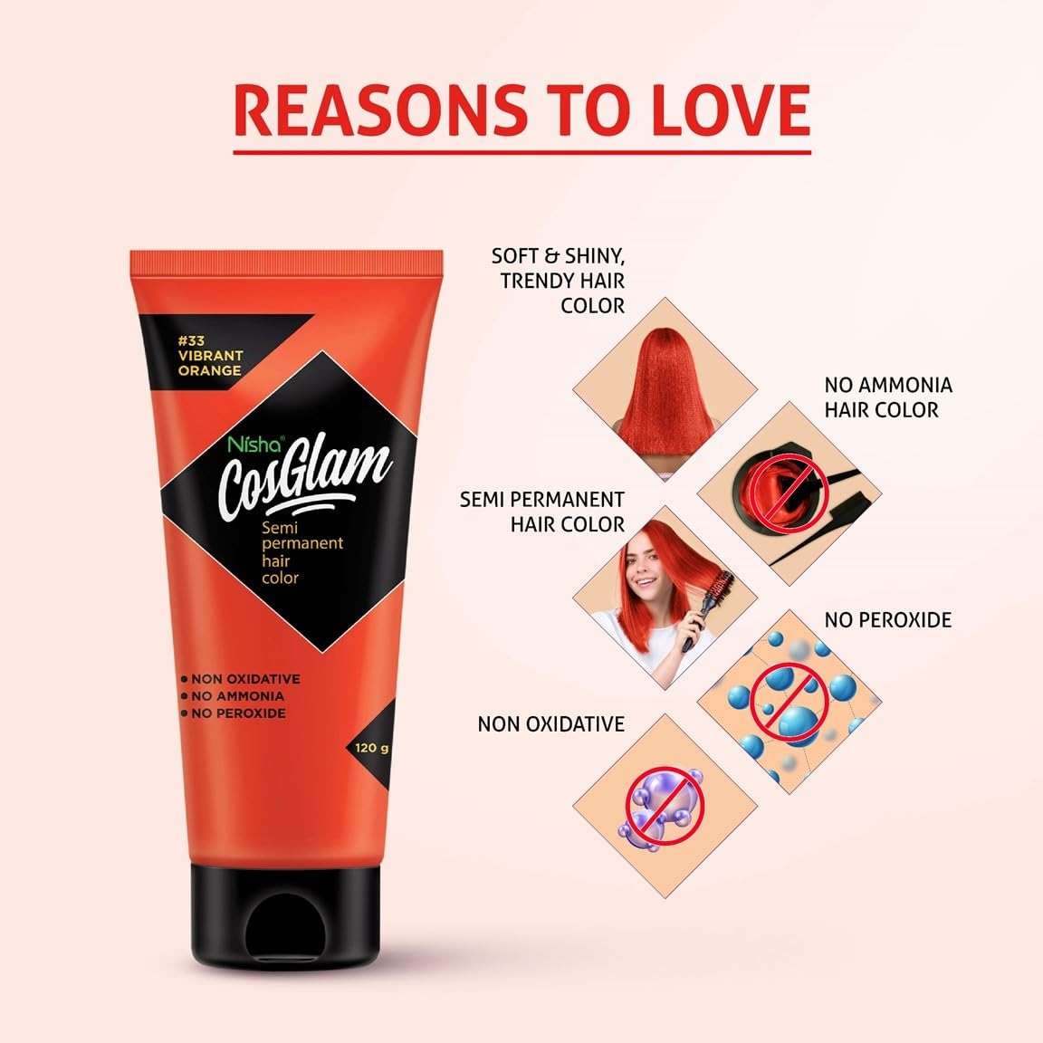 Nisha Cosglam Vegan And Cruelty Free Semi Permanent Hair Color, Orange Hair Dye With Infused Conditioner | No Ammonia, No Peroxide, Non Oxidative Hair Colour - 120g / 4.06 Fl Oz (#33 Vibrant Orange) - Image 5