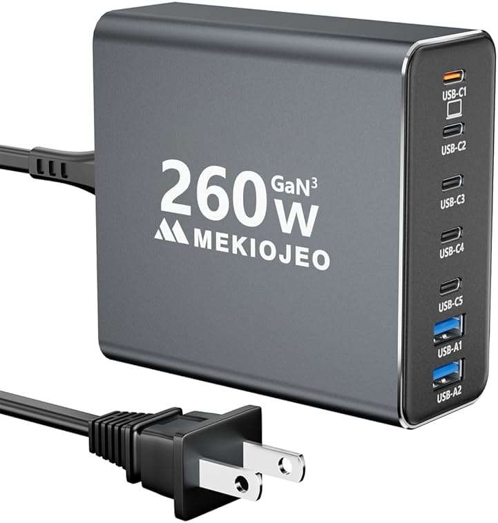 Aluminum Alloy 260W USB C Charger GaN Fast USB C Charging Station 7 Ports 65W Laptop Charger for MacBook Pro/Air/iPad Pro/iPhone (Gray) - Image 1