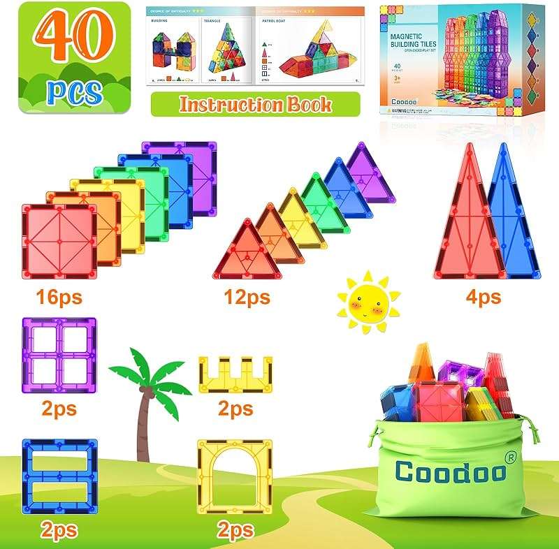 Coodoo Magnetic Tiles Kids Toys STEM Magnet Toy for Toddler Magnetic Blocks Building Preschool Learning Sensory Montessori Toys for 3+ Year Old Boys and Girls, Safe Creativity Toddler Kids Toy 40PCS - Image 6
