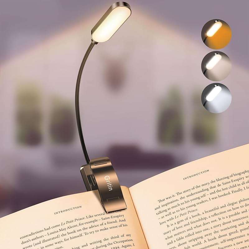 Gritin 16 LED Rechargeable Book Light for Reading in Bed- Eye Caring 3 Color Temperatures, Stepless Dimming Brightness, 80 Hrs Runtime, Lightweight Flexible Clip on Light for Book Lovers - Image 1