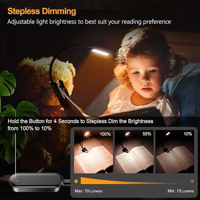Gritin 16 LED Rechargeable Book Light for Reading in Bed- Eye Caring 3 Color Temperatures, Stepless Dimming Brightness, 80 Hrs Runtime, Lightweight Flexible Clip on Light for Book Lovers - Image 3