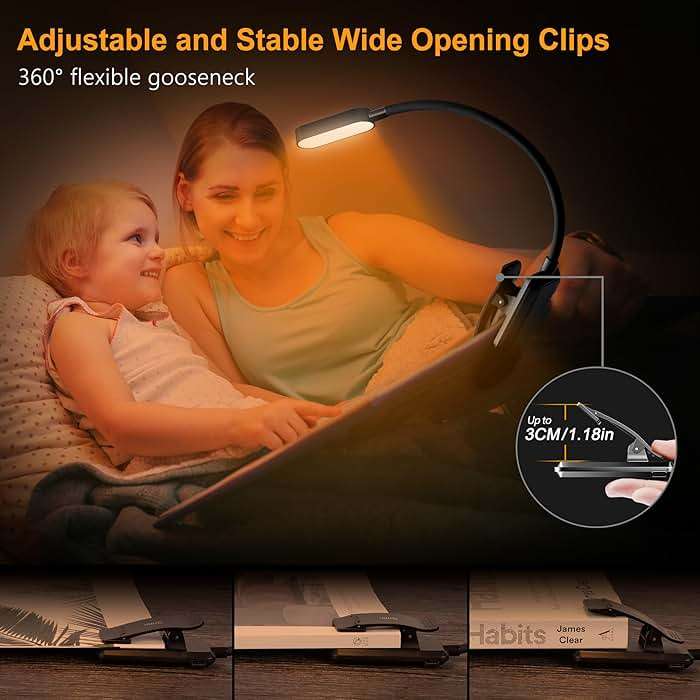 Gritin 16 LED Rechargeable Book Light for Reading in Bed- Eye Caring 3 Color Temperatures, Stepless Dimming Brightness, 80 Hrs Runtime, Lightweight Flexible Clip on Light for Book Lovers - Image 5