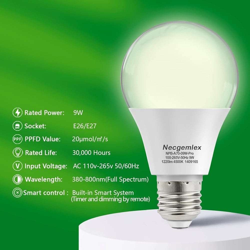 Necgemlex Smart LED Grow Light Bulbs with Remote Controller, Sun Mode, Built-in Daily Auto Timer, 4500K, A21/A70 E26/E27 9W Dimmable Full Spectrum Grow Bulbs for Indoor Plants, 2 Pack - Image 2