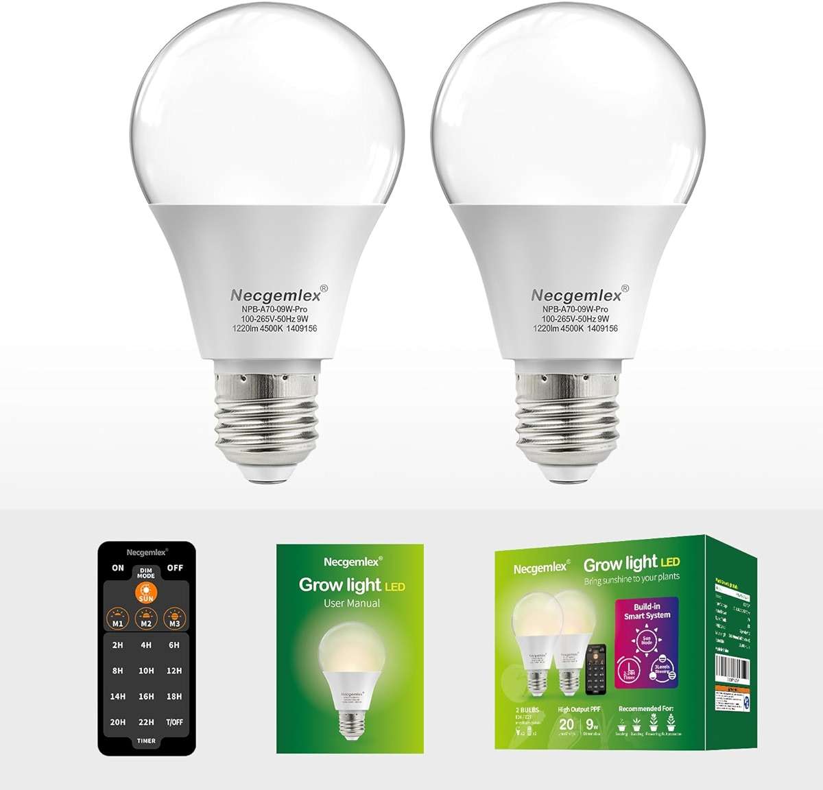 Necgemlex Smart LED Grow Light Bulbs with Remote Controller, Sun Mode, Built-in Daily Auto Timer, 4500K, A21/A70 E26/E27 9W Dimmable Full Spectrum Grow Bulbs for Indoor Plants, 2 Pack - Image 6