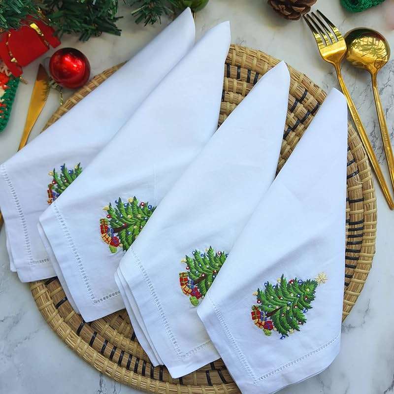 HCRAFT Embroidered Cotton Table Napkin, Cloth Napkins Set of 4 18"x18" Christmas Tree Napkin Square Fabric, Dining Room, Napkins Cloth Machine Washable, Christmas Napkins, Great Present Ideas - Image 2