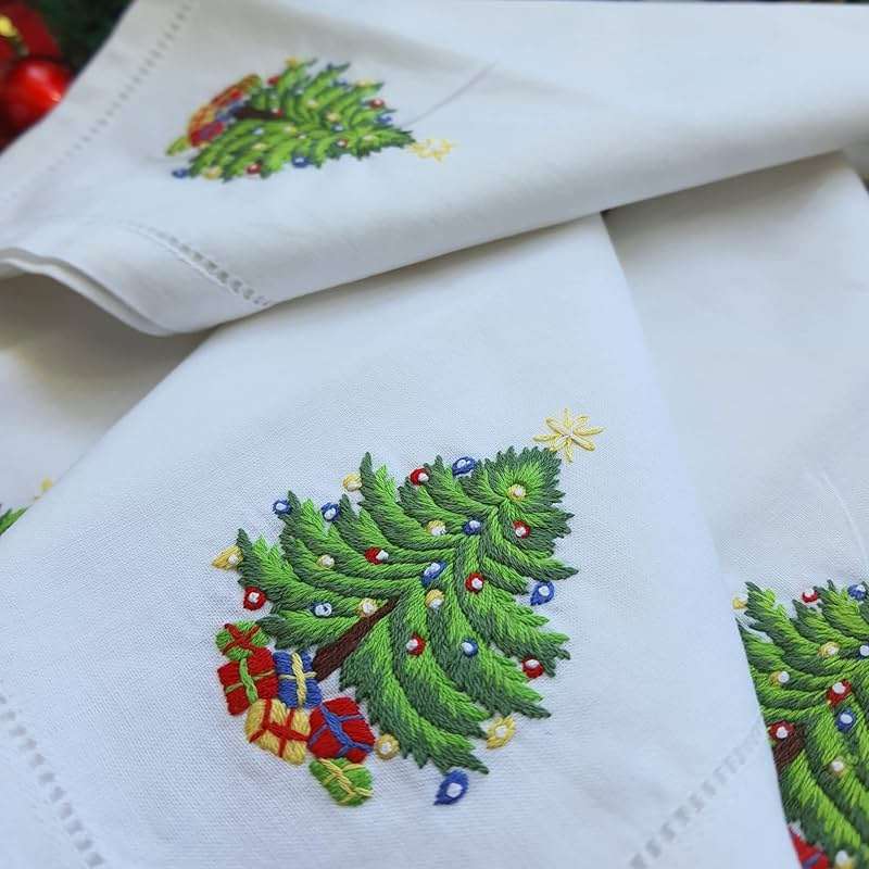 HCRAFT Embroidered Cotton Table Napkin, Cloth Napkins Set of 4 18"x18" Christmas Tree Napkin Square Fabric, Dining Room, Napkins Cloth Machine Washable, Christmas Napkins, Great Present Ideas - Image 3