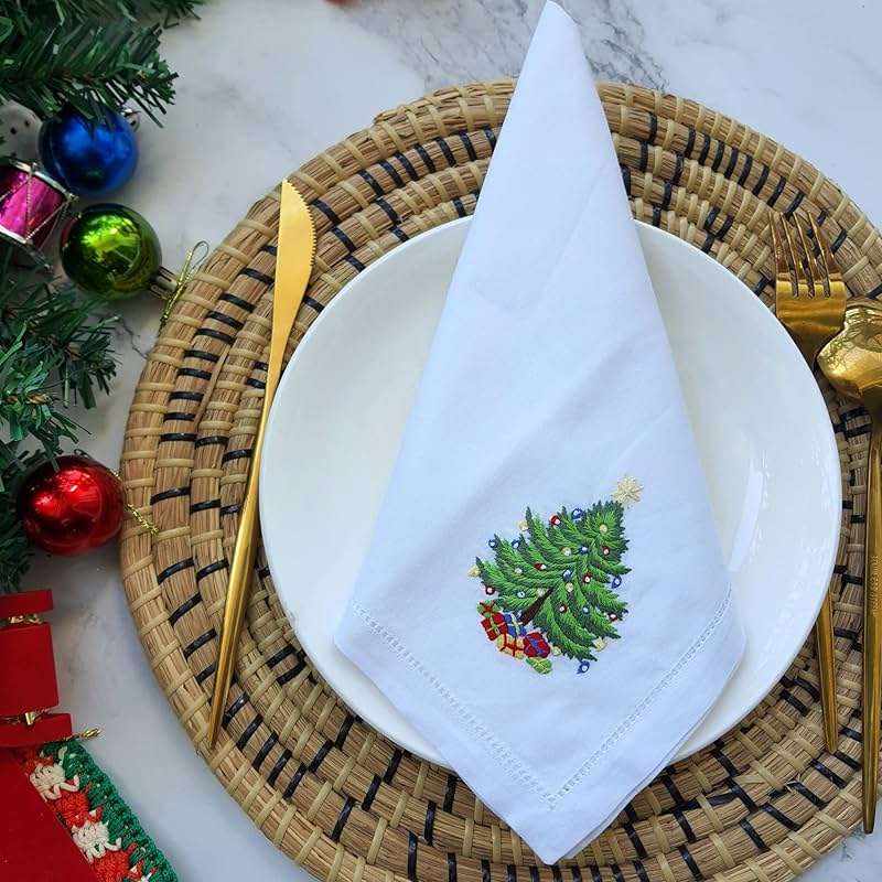 HCRAFT Embroidered Cotton Table Napkin, Cloth Napkins Set of 4 18"x18" Christmas Tree Napkin Square Fabric, Dining Room, Napkins Cloth Machine Washable, Christmas Napkins, Great Present Ideas - Image 4