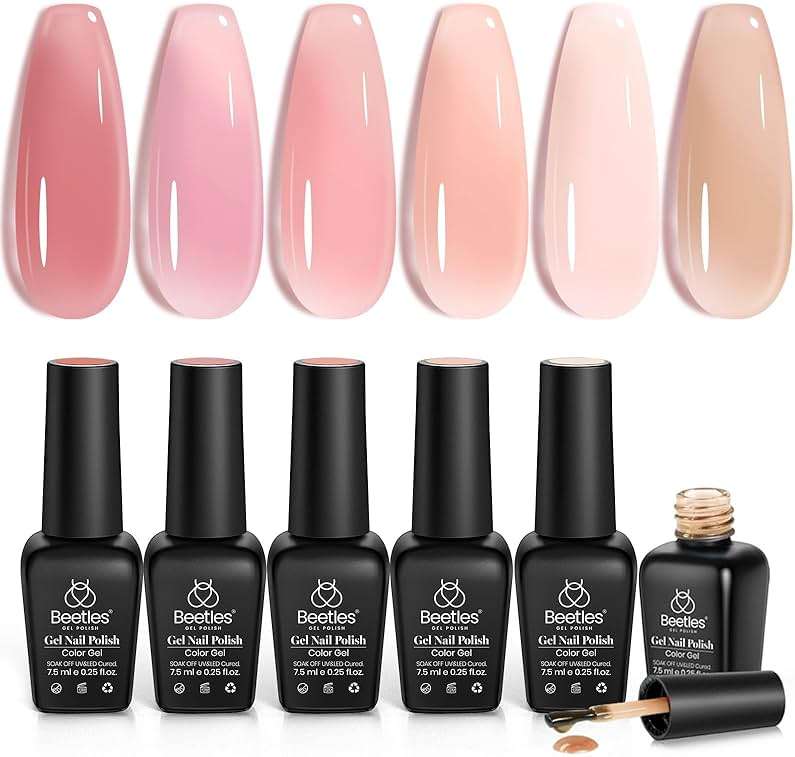 Beetles Nude Gel Nail Polish Set - 6 Colors Jelly Gel Polish Kit Nude Pink Neutral Nail Art Design Sheer Translucent Gel Nail Kits Soak Off UV Nail Lamp Cured Nail Manicure Gift for Women - Image 1