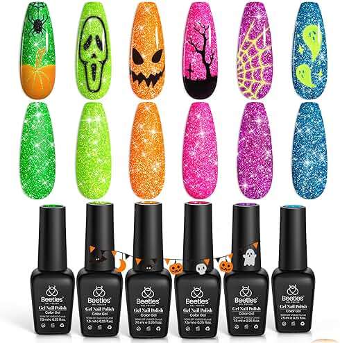 Beetles Glitter Gel Nail Polish Set - Neon Carnival Reflective Summer Gel Polish, 6 Colors Pink Green Purple Blue Bright Sparkly Gel Nails Soak Off UV Led Salon Gift for Women - Image 1