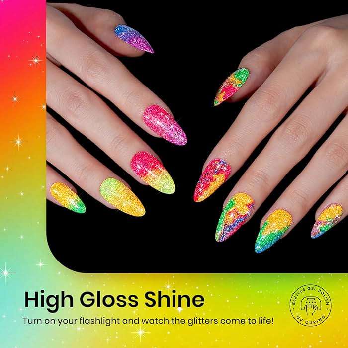 Beetles Glitter Gel Nail Polish Set - Neon Carnival Reflective Summer Gel Polish, 6 Colors Pink Green Purple Blue Bright Sparkly Gel Nails Soak Off UV Led Salon Gift for Women - Image 3