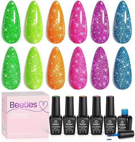 Beetles Glitter Gel Nail Polish Set - Neon Carnival Reflective Summer Gel Polish, 6 Colors Pink Green Purple Blue Bright Sparkly Gel Nails Soak Off UV Led Salon Gift for Women - Image 8