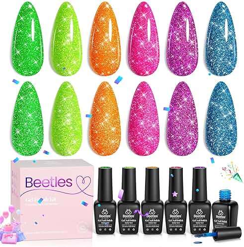 Beetles Glitter Gel Nail Polish Set - Neon Carnival Reflective Summer Gel Polish, 6 Colors Pink Green Purple Blue Bright Sparkly Gel Nails Soak Off UV Led Salon Gift for Women - Image 9