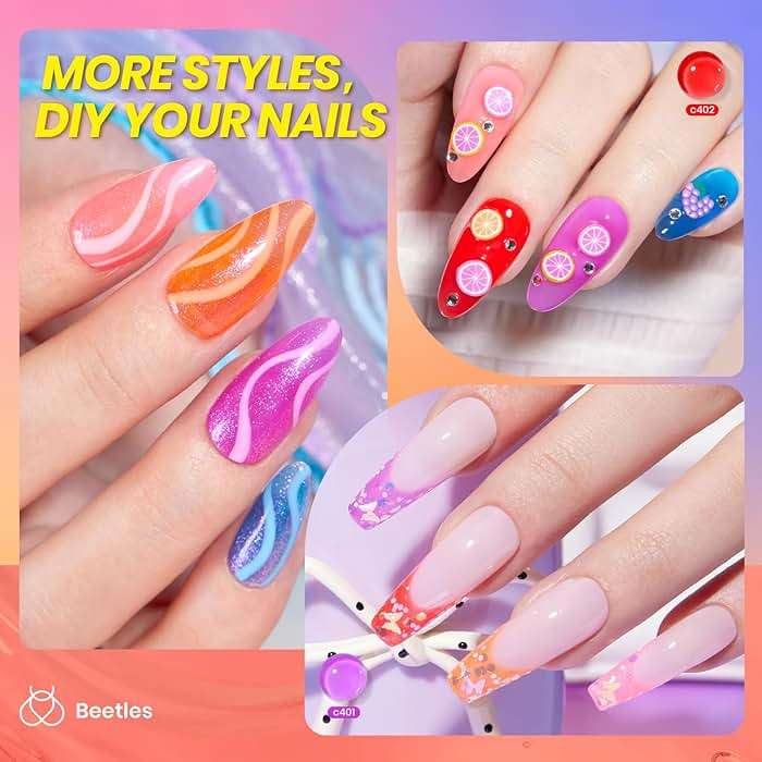 Beetles Jelly Gel Nail Polish Set - 6 Colors Neon Gel Polish Kit Sheer Hot Pink Red Orange Purple Blue Yellow Translucent Effect Soak Off UV French Nail Art Manicure Gift for Women - Image 2