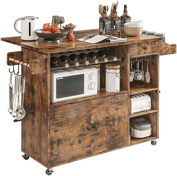 IRONCK Rolling Kitchen Island Cart with Drop-Leaf and Wine Rack, Microwave Rack Serving Cart on Wheels with Drawer & Shelves & Spice Rack & Cup Hanging, Vintage Brown - Image 1