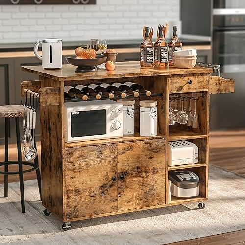 IRONCK Rolling Kitchen Island Cart with Drop-Leaf and Wine Rack, Microwave Rack Serving Cart on Wheels with Drawer & Shelves & Spice Rack & Cup Hanging, Vintage Brown - Image 2