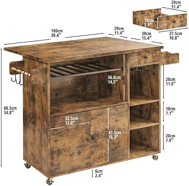 IRONCK Rolling Kitchen Island Cart with Drop-Leaf and Wine Rack, Microwave Rack Serving Cart on Wheels with Drawer & Shelves & Spice Rack & Cup Hanging, Vintage Brown - Image 3