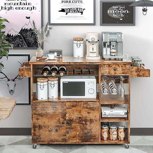 IRONCK Rolling Kitchen Island Cart with Drop-Leaf and Wine Rack, Microwave Rack Serving Cart on Wheels with Drawer & Shelves & Spice Rack & Cup Hanging, Vintage Brown - Image 4