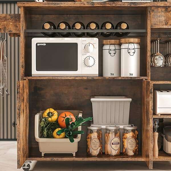 IRONCK Rolling Kitchen Island Cart with Drop-Leaf and Wine Rack, Microwave Rack Serving Cart on Wheels with Drawer & Shelves & Spice Rack & Cup Hanging, Vintage Brown - Image 5
