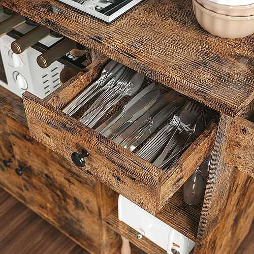 IRONCK Rolling Kitchen Island Cart with Drop-Leaf and Wine Rack, Microwave Rack Serving Cart on Wheels with Drawer & Shelves & Spice Rack & Cup Hanging, Vintage Brown - Image 6