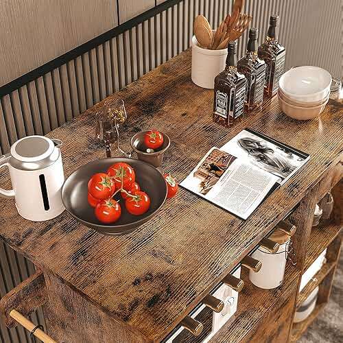 IRONCK Rolling Kitchen Island Cart with Drop-Leaf and Wine Rack, Microwave Rack Serving Cart on Wheels with Drawer & Shelves & Spice Rack & Cup Hanging, Vintage Brown - Image 8