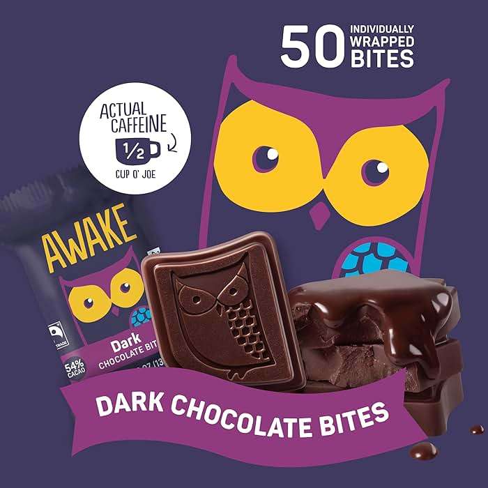 AWAKE - Caffeinated Chocolate Bites - Dark Chocolate, 50 Bites - 50mg Caffeine - Individually Wrapped Energy Bites - Coffee Alternative - Fairtrade, Gluten Free, Non GMO - 0.48oz - Image 8