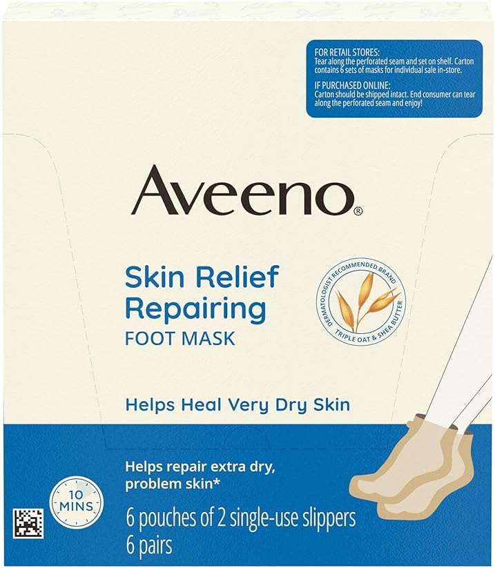 Aveeno Skin Relief Repairing Foot Mask, Moisturizing Socks with Prebiotic Oat & Shea Butter for Very Dry Skin, Foot Care for Sensitive Skin, Fragrance-Free, Value Pack, 6 Pairs of Single-Use Slippers - Image 1