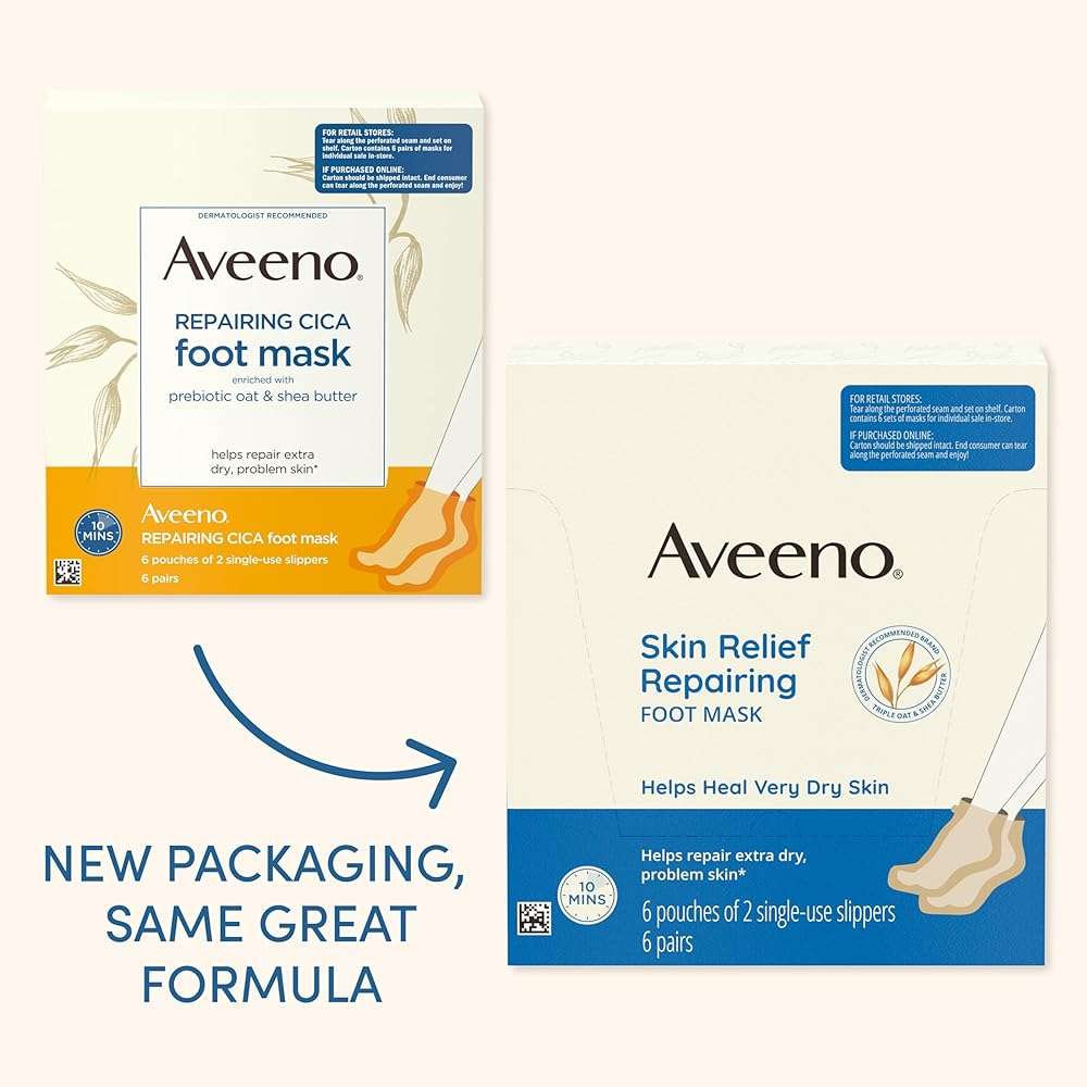 Aveeno Skin Relief Repairing Foot Mask, Moisturizing Socks with Prebiotic Oat & Shea Butter for Very Dry Skin, Foot Care for Sensitive Skin, Fragrance-Free, Value Pack, 6 Pairs of Single-Use Slippers - Image 2