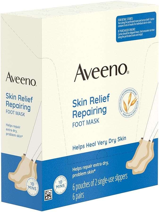 Aveeno Skin Relief Repairing Foot Mask, Moisturizing Socks with Prebiotic Oat & Shea Butter for Very Dry Skin, Foot Care for Sensitive Skin, Fragrance-Free, Value Pack, 6 Pairs of Single-Use Slippers - Image 3