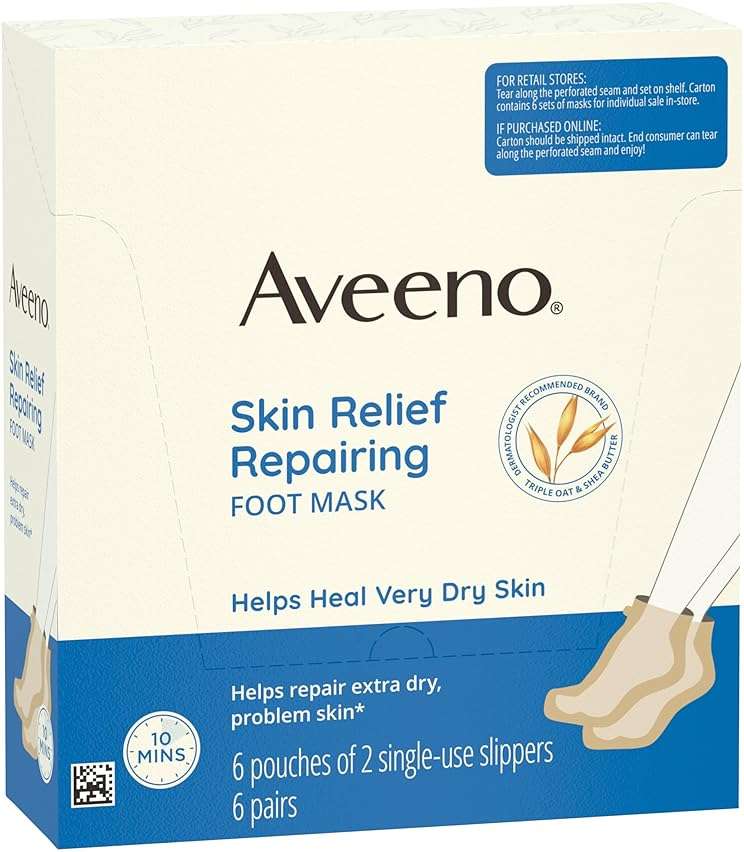 Aveeno Skin Relief Repairing Foot Mask, Moisturizing Socks with Prebiotic Oat & Shea Butter for Very Dry Skin, Foot Care for Sensitive Skin, Fragrance-Free, Value Pack, 6 Pairs of Single-Use Slippers - Image 6