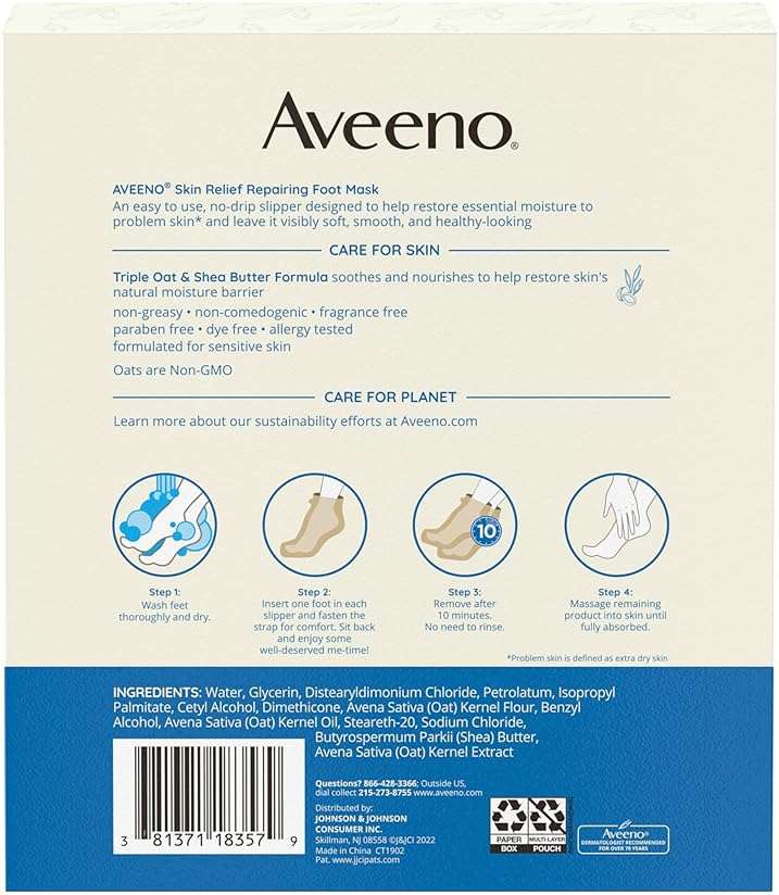 Aveeno Skin Relief Repairing Foot Mask, Moisturizing Socks with Prebiotic Oat & Shea Butter for Very Dry Skin, Foot Care for Sensitive Skin, Fragrance-Free, Value Pack, 6 Pairs of Single-Use Slippers - Image 8