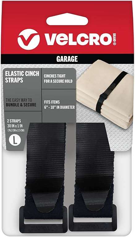 VELCRO Brand Garage Organization and Storage | Elastic Cinch Straps, 30" | Strong & Reusable | Bundle Poles and Stakes, Organize Power Tool Cords | Black, 1 Inch Wide, 2 Count - Image 1