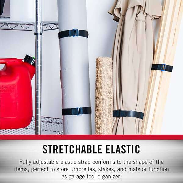 VELCRO Brand Garage Organization and Storage | Elastic Cinch Straps, 30" | Strong & Reusable | Bundle Poles and Stakes, Organize Power Tool Cords | Black, 1 Inch Wide, 2 Count - Image 2
