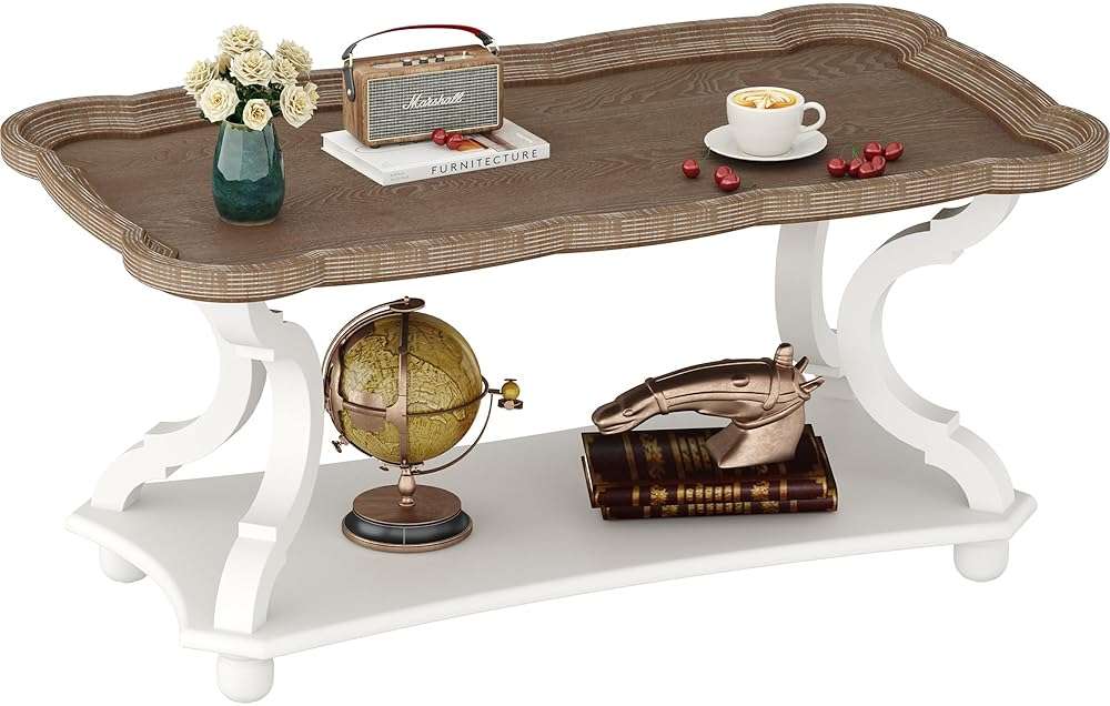 Function Home Farmhouse Coffee Table, 2-Tier Center Table with Storage Shelf, 39.8" French Country Rectangle Accent Table with Natural Tray Top and Curved Legs for Living Room Balcony, Vintage White - Image 1