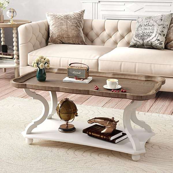 Function Home Farmhouse Coffee Table, 2-Tier Center Table with Storage Shelf, 39.8" French Country Rectangle Accent Table with Natural Tray Top and Curved Legs for Living Room Balcony, Vintage White - Image 2