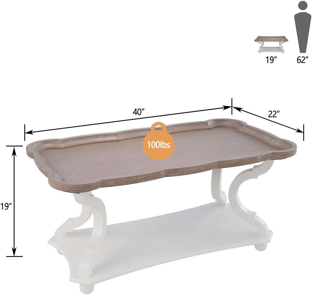 Function Home Farmhouse Coffee Table, 2-Tier Center Table with Storage Shelf, 39.8" French Country Rectangle Accent Table with Natural Tray Top and Curved Legs for Living Room Balcony, Vintage White - Image 3