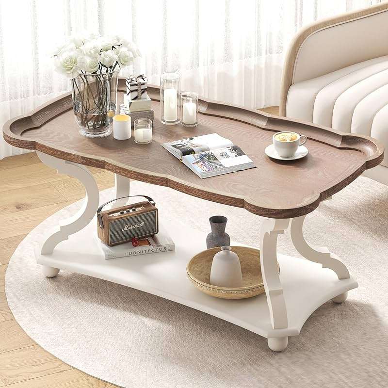 Function Home Farmhouse Coffee Table, 2-Tier Center Table with Storage Shelf, 39.8" French Country Rectangle Accent Table with Natural Tray Top and Curved Legs for Living Room Balcony, Vintage White - Image 4