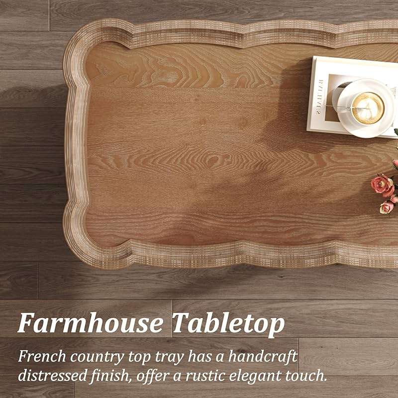 Function Home Farmhouse Coffee Table, 2-Tier Center Table with Storage Shelf, 39.8" French Country Rectangle Accent Table with Natural Tray Top and Curved Legs for Living Room Balcony, Vintage White - Image 5