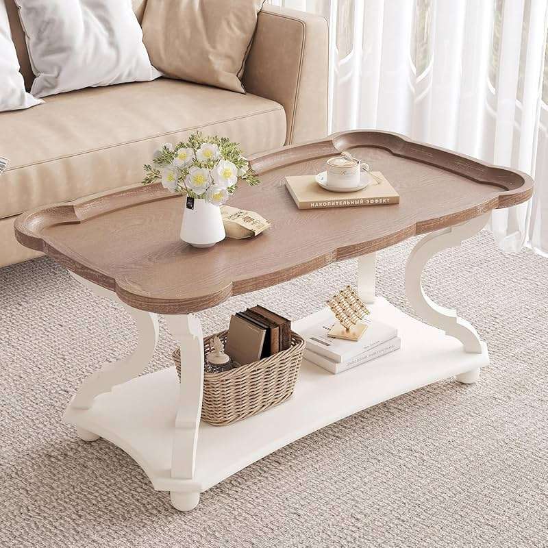 Function Home Farmhouse Coffee Table, 2-Tier Center Table with Storage Shelf, 39.8" French Country Rectangle Accent Table with Natural Tray Top and Curved Legs for Living Room Balcony, Vintage White - Image 6